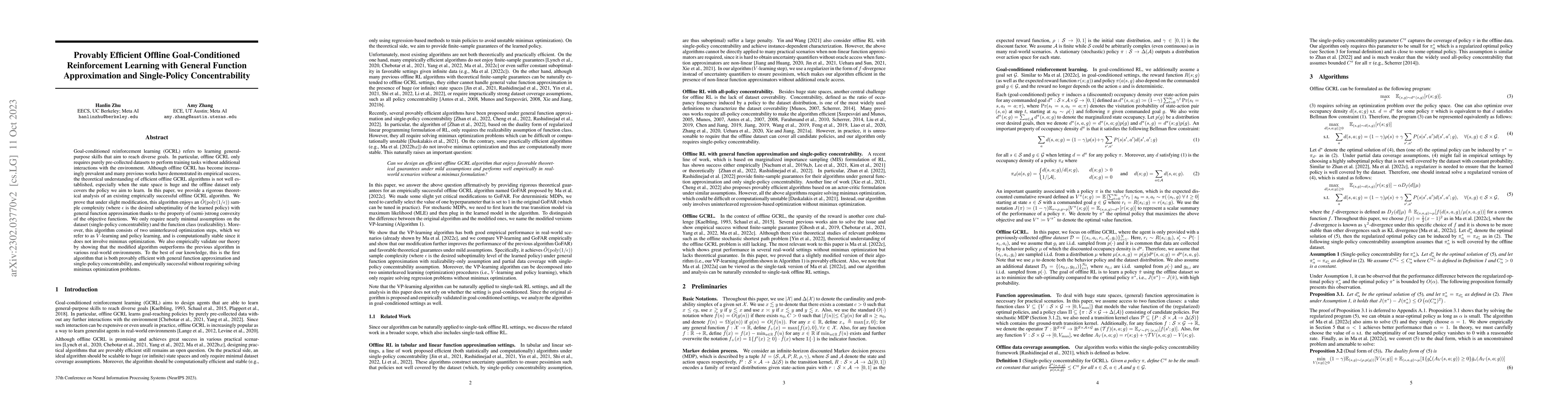 Thumbnail for Provably Efficient Offline Goal-Conditioned Reinforcement Learning with
  General Function Approximation and Single-Policy Concentrability
