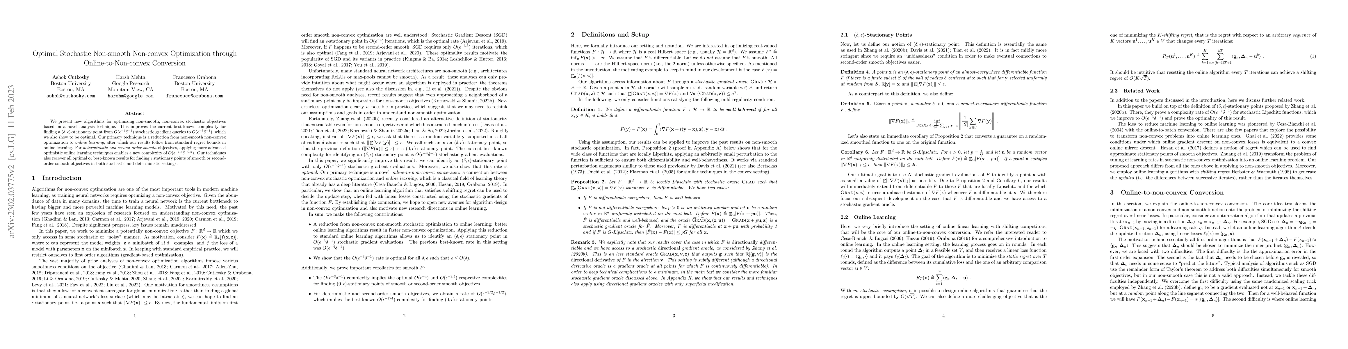 Thumbnail for Optimal Stochastic Non-smooth Non-convex Optimization through
  Online-to-Non-convex Conversion