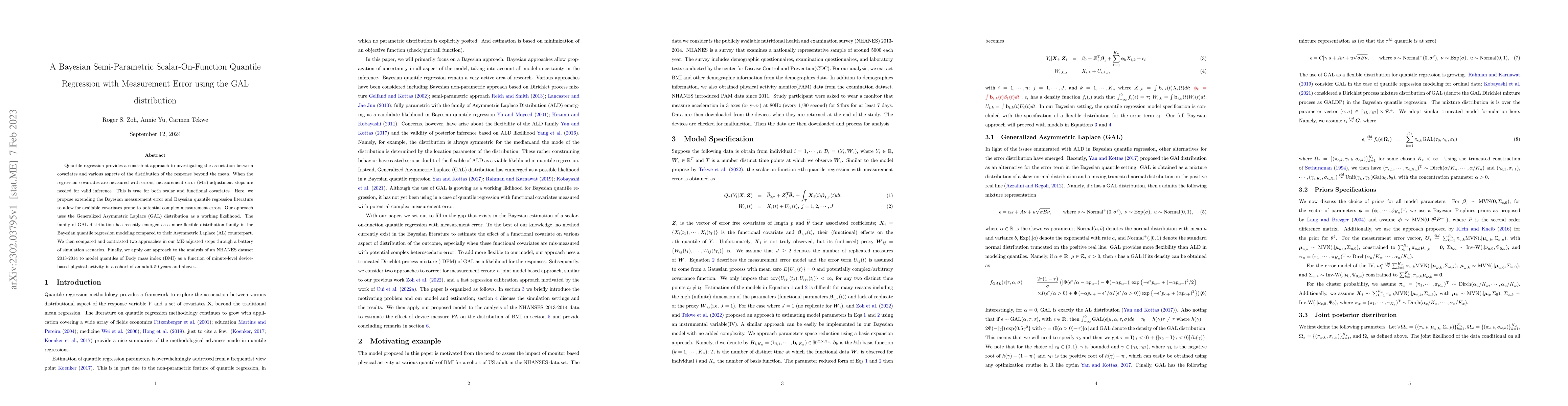 Thumbnail for A Bayesian Semi-Parametric Scalar-On-Function Quantile Regression with
  Measurement Error using the GAL