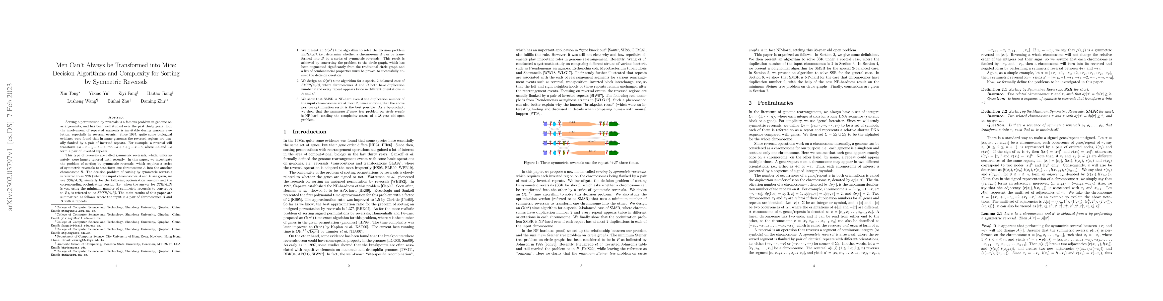 Thumbnail for Men Can't Always be Transformed into Mice: Decision Algorithms and
  Complexity for Sorting by Symmetric Reversals