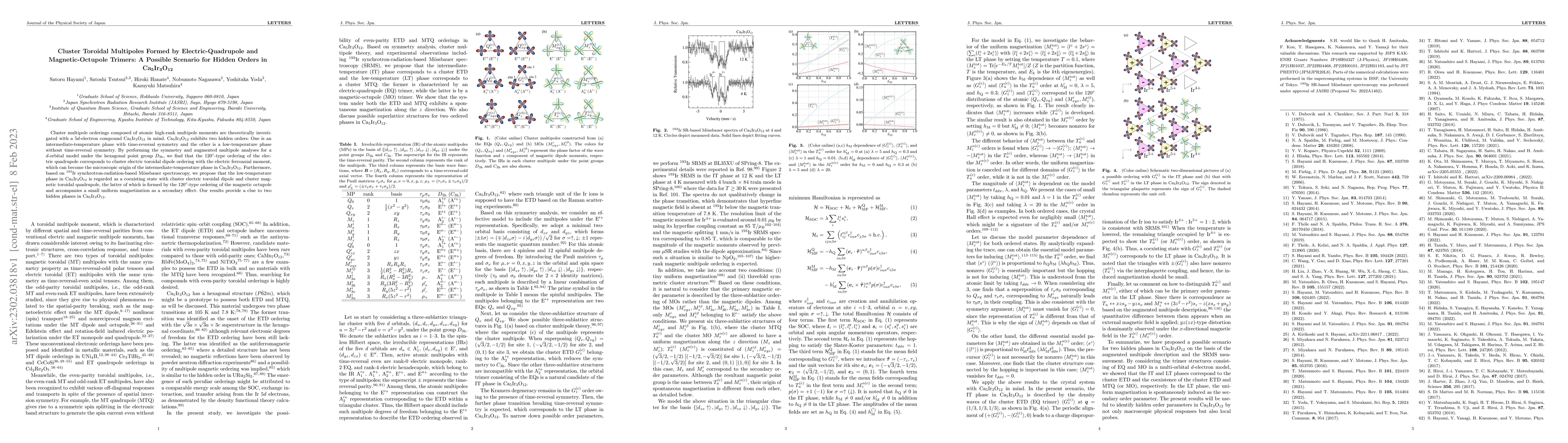 Thumbnail for Cluster Toroidal Multipoles Formed by Electric-Quadrupole and
  Magnetic-Octupole Trimers: A Possible Scenario for Hidden Orders in
  Ca$_5$Ir$_3$O$_{12}$