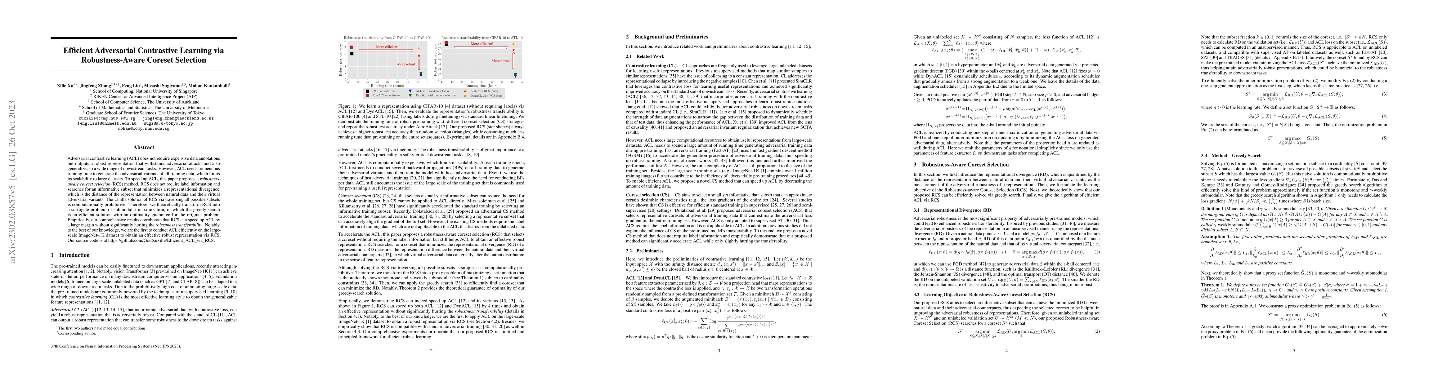 Thumbnail for Efficient Adversarial Contrastive Learning via Robustness-Aware Coreset
  Selection