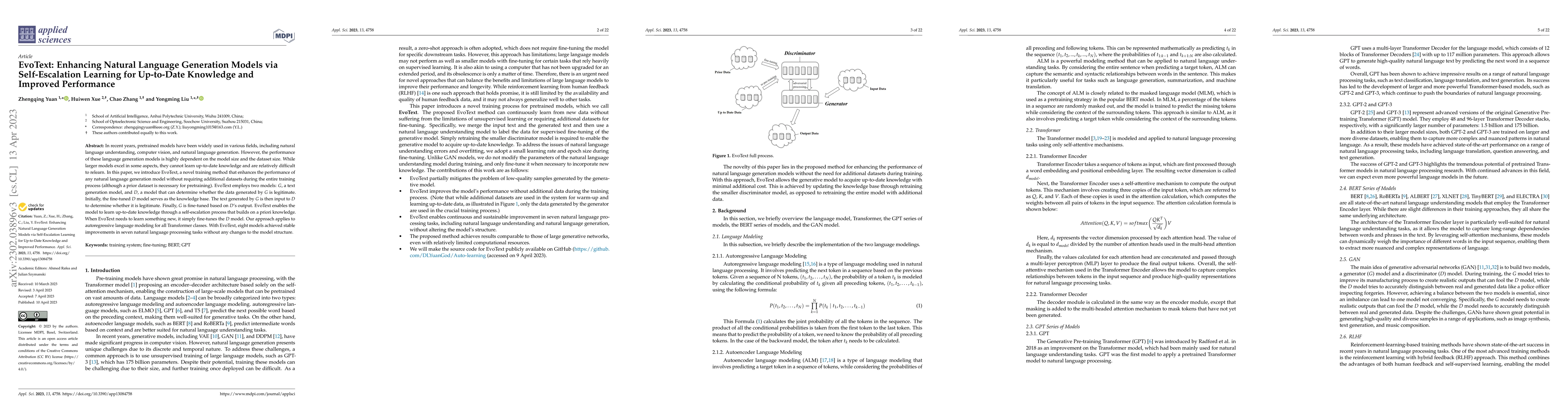 Thumbnail for EvoText: Enhancing Natural Language Generation Models via
  Self-Escalation Learning for Up-to-Date Knowledge and Improved Performance