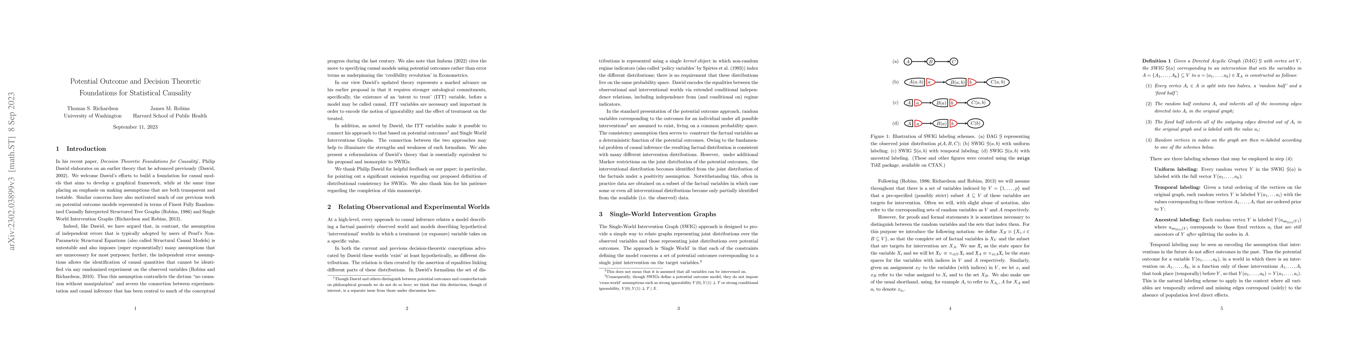 Thumbnail for Potential Outcome and Decision Theoretic Foundations for Statistical
  Causality