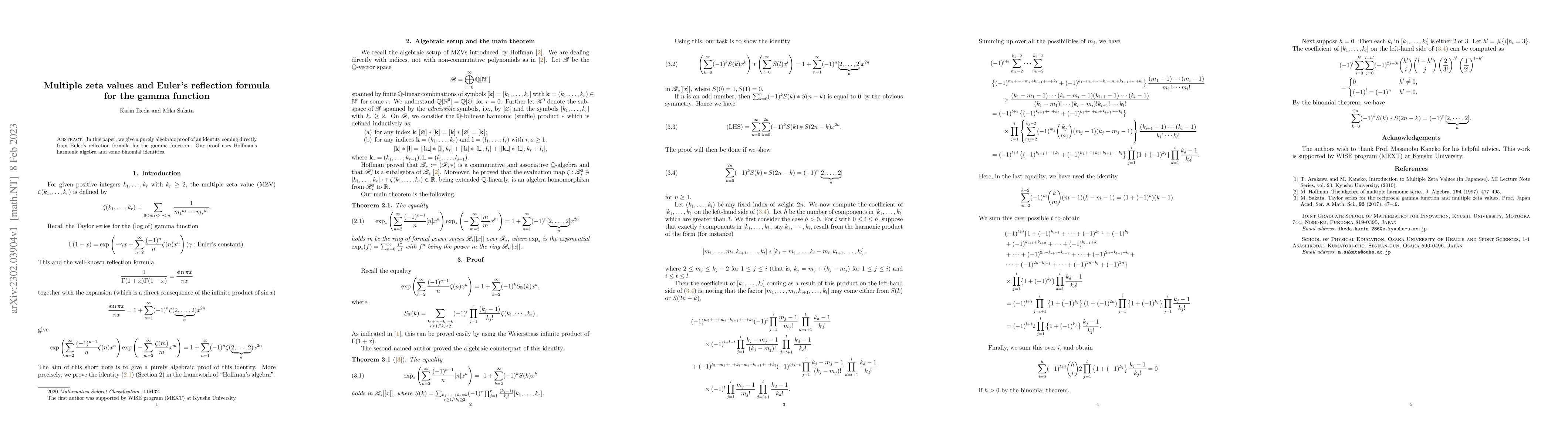 Thumbnail for Multiple zeta values and Euler's reflection formula for the gamma
  function