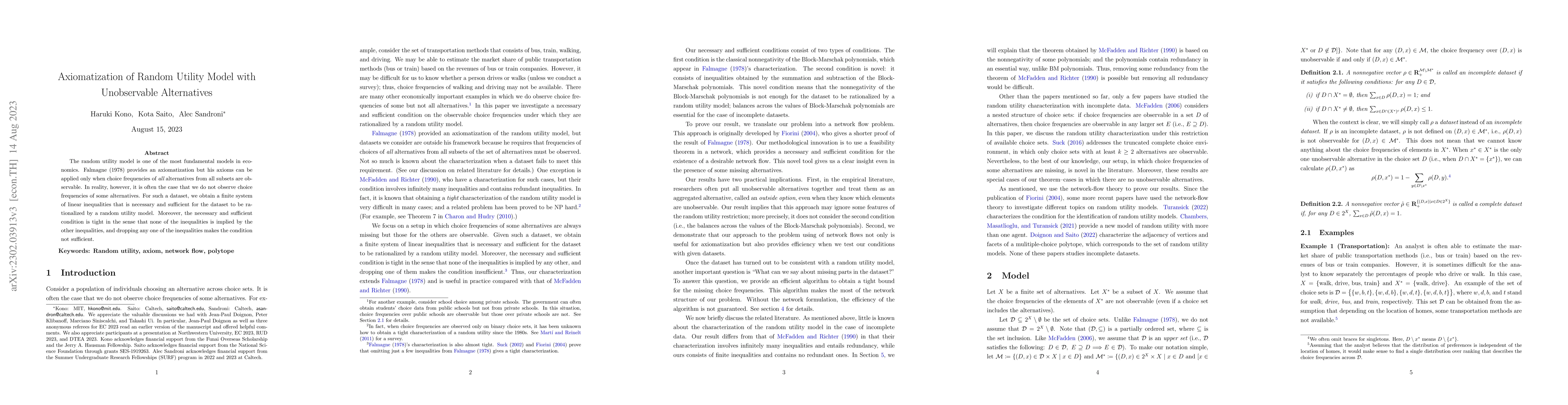 Thumbnail for Axiomatization of Random Utility Model with Unobservable Alternatives