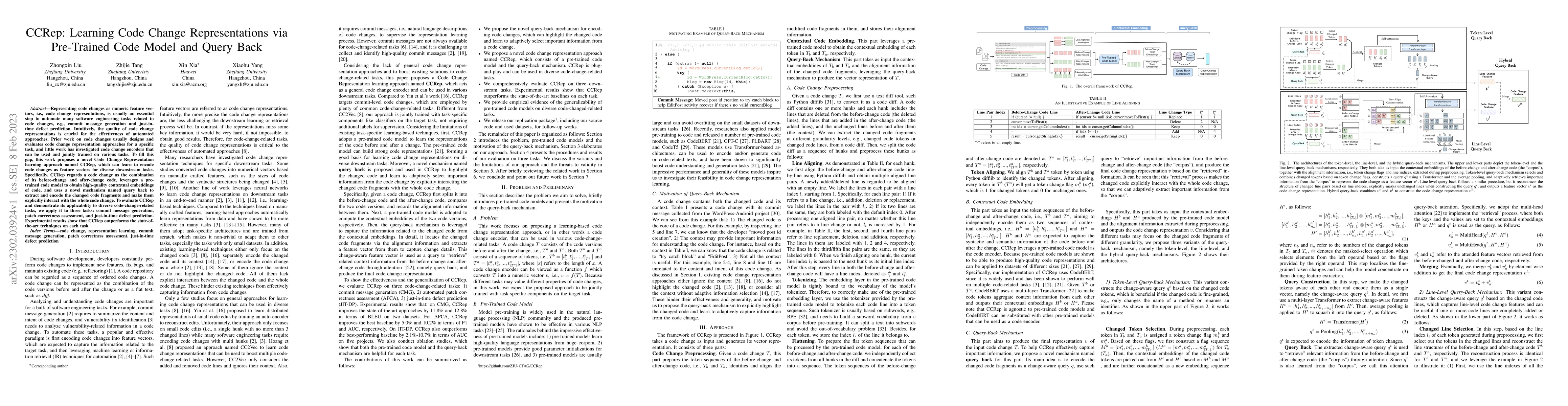 Thumbnail for CCRep: Learning Code Change Representations via Pre-Trained Code Model
  and Query Back
