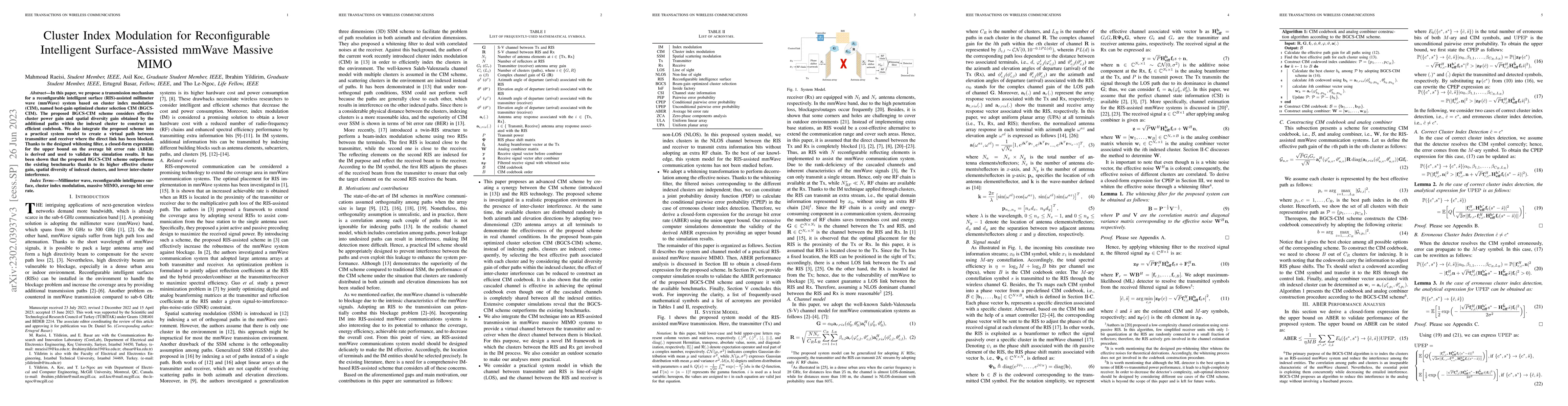Thumbnail for Cluster Index Modulation for Reconfigurable Intelligent Surface-Assisted
  mmWave Massive MIMO
