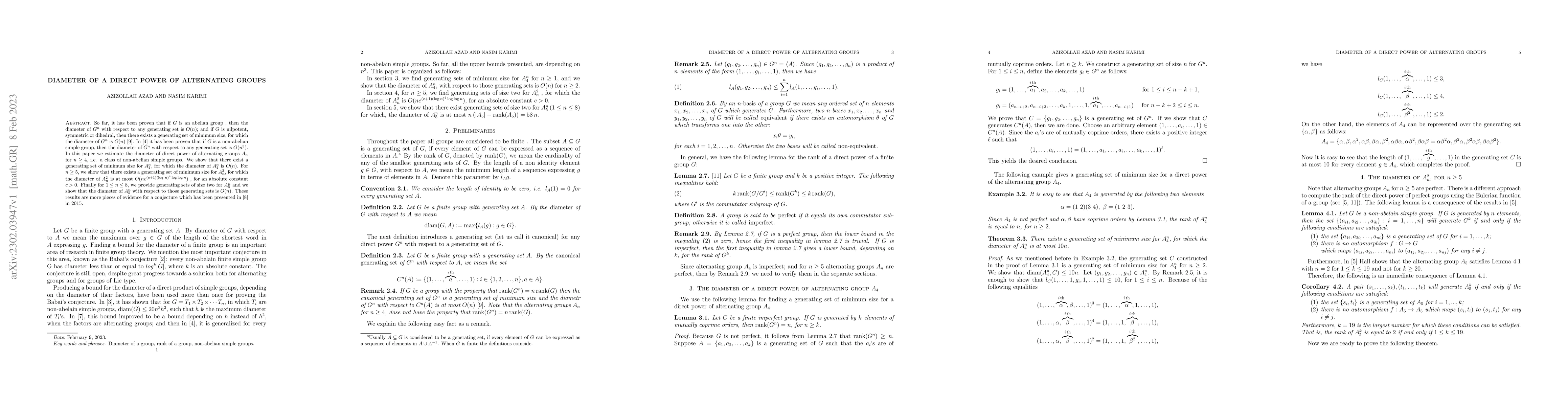 Thumbnail for Diameter of a direct power of alternating groups