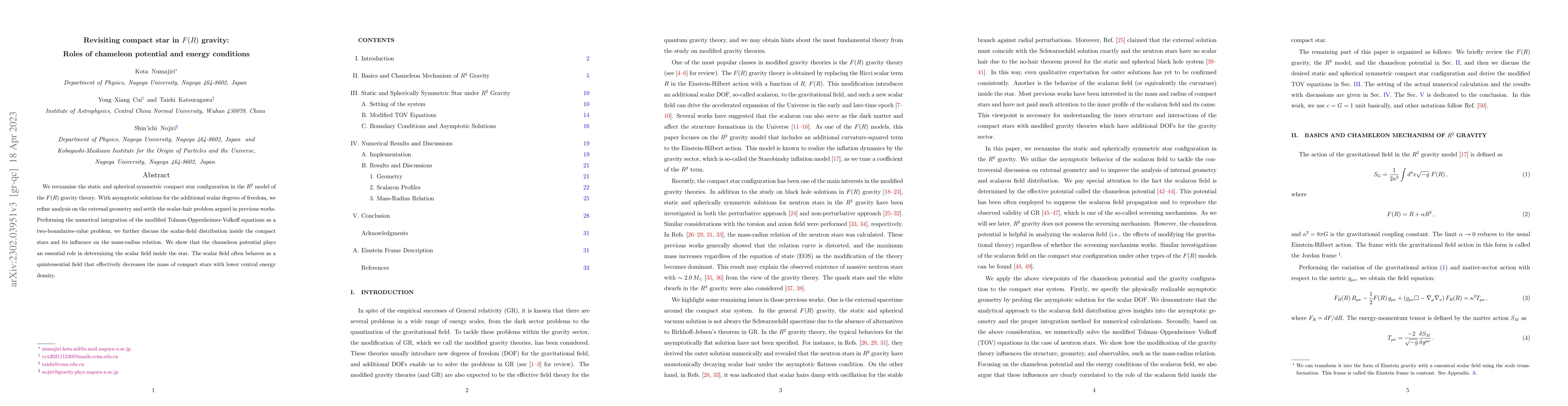 Thumbnail for Revisiting compact star in $F(R)$ gravity: Roles of chameleon potential
  and energy conditions