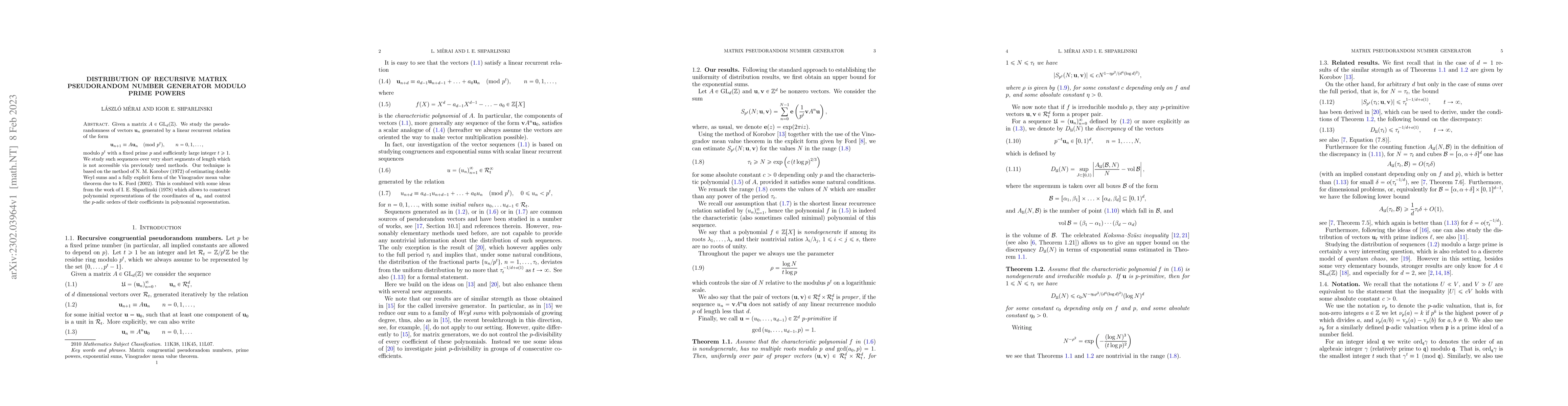 Thumbnail for Distribution of recursive matrix pseudorandom number generator modulo
  prime powers