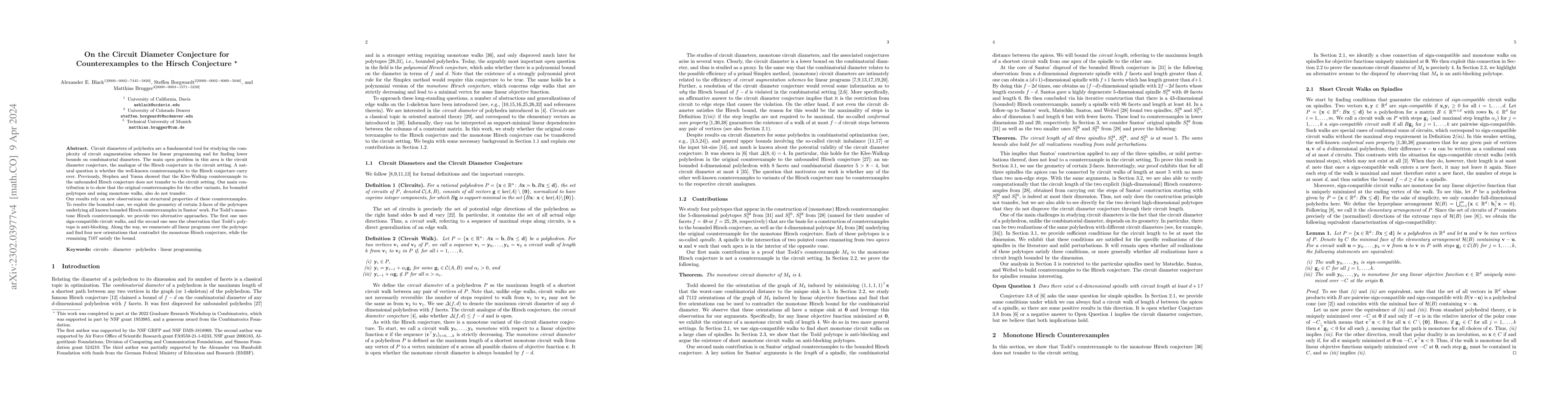 Thumbnail for On the Circuit Diameter Conjecture for Counterexamples to the Hirsch
  Conjecture