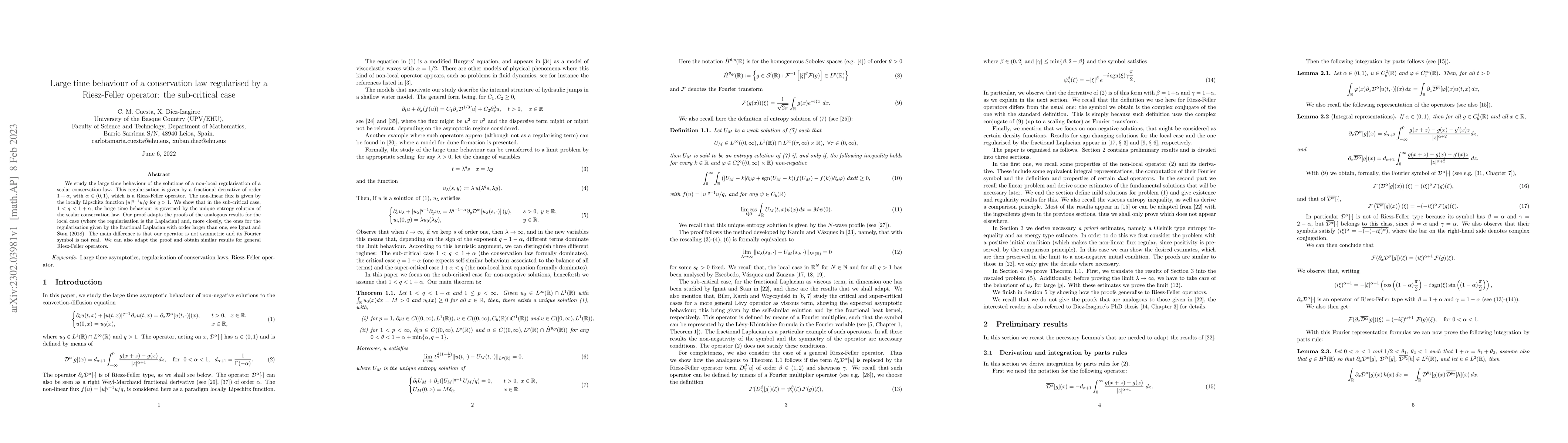 Thumbnail for Large time behaviour of a conservation law regularised by a Riesz-Feller
  operator: the sub-critical case