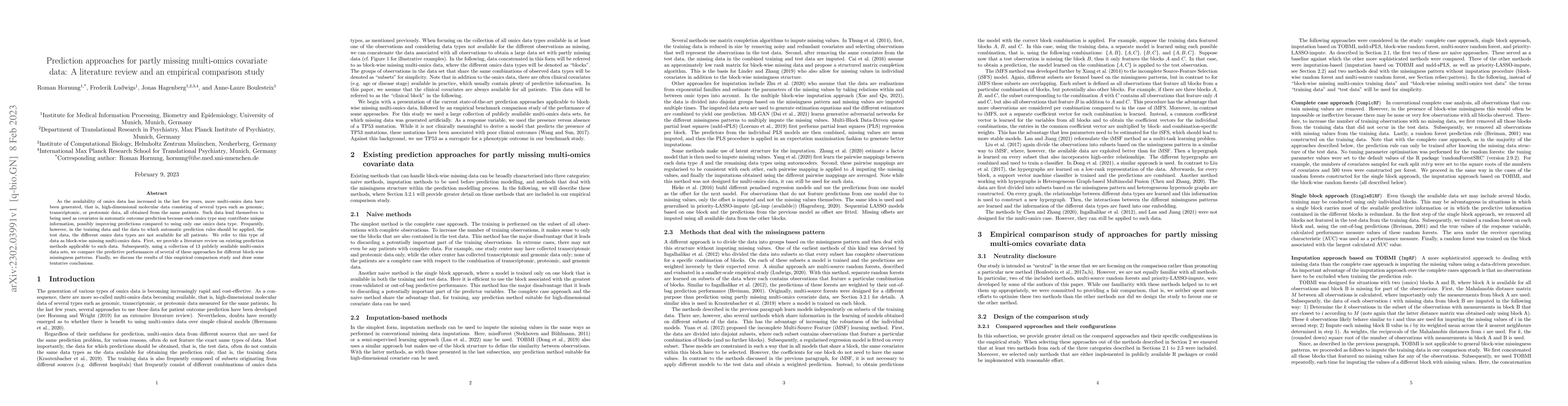 Thumbnail for Prediction approaches for partly missing multi-omics covariate data: A
  literature review and an empirical comparison study