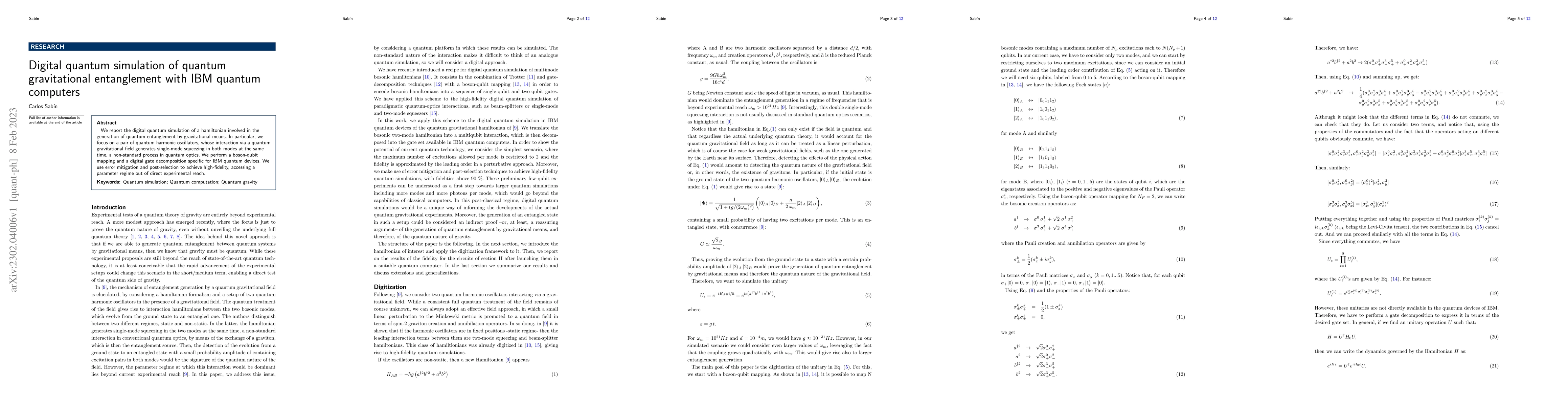 Thumbnail for Digital quantum simulation of quantum gravitational entanglement with
  IBM quantum computers