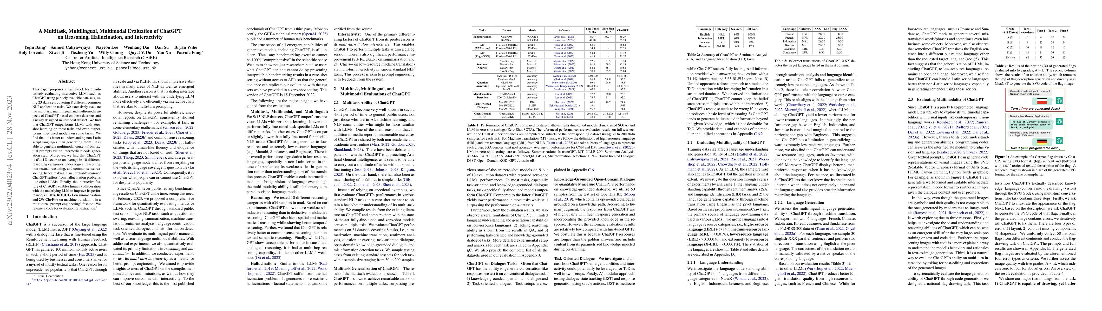 Thumbnail for A Multitask, Multilingual, Multimodal Evaluation of ChatGPT on
  Reasoning, Hallucination, and Interactivity