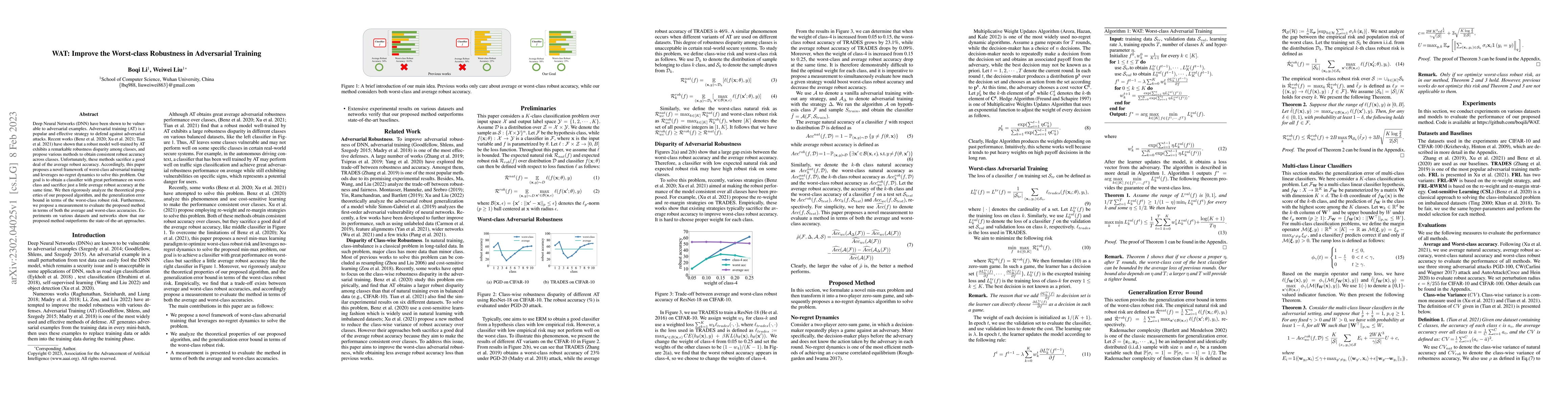 Thumbnail for WAT: Improve the Worst-class Robustness in Adversarial Training