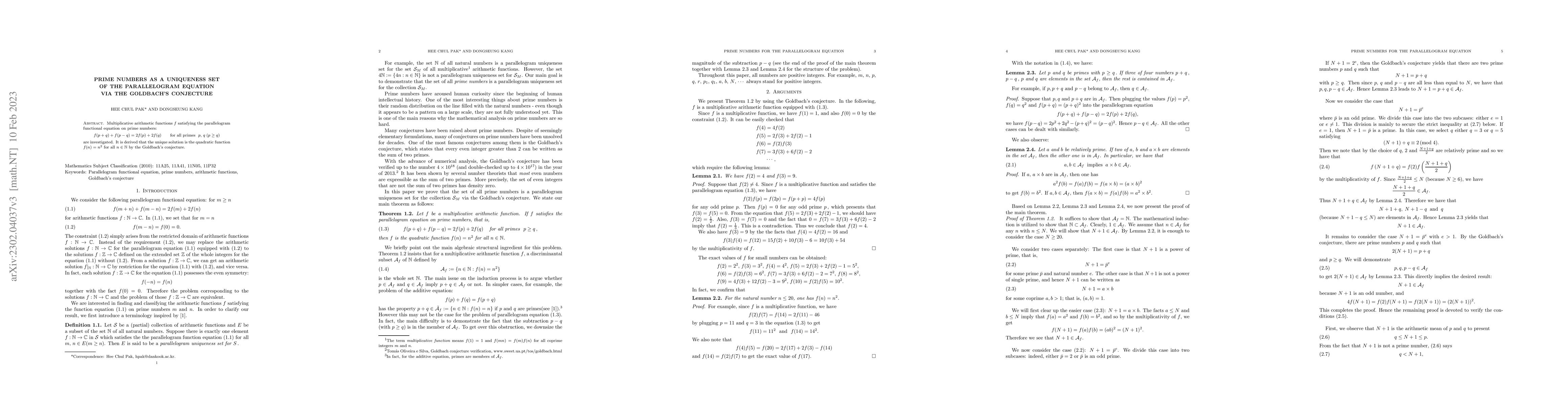 Thumbnail for Prime numbers as a uniqueness set of the parallelogram equation via the
  Goldbach's conjecture