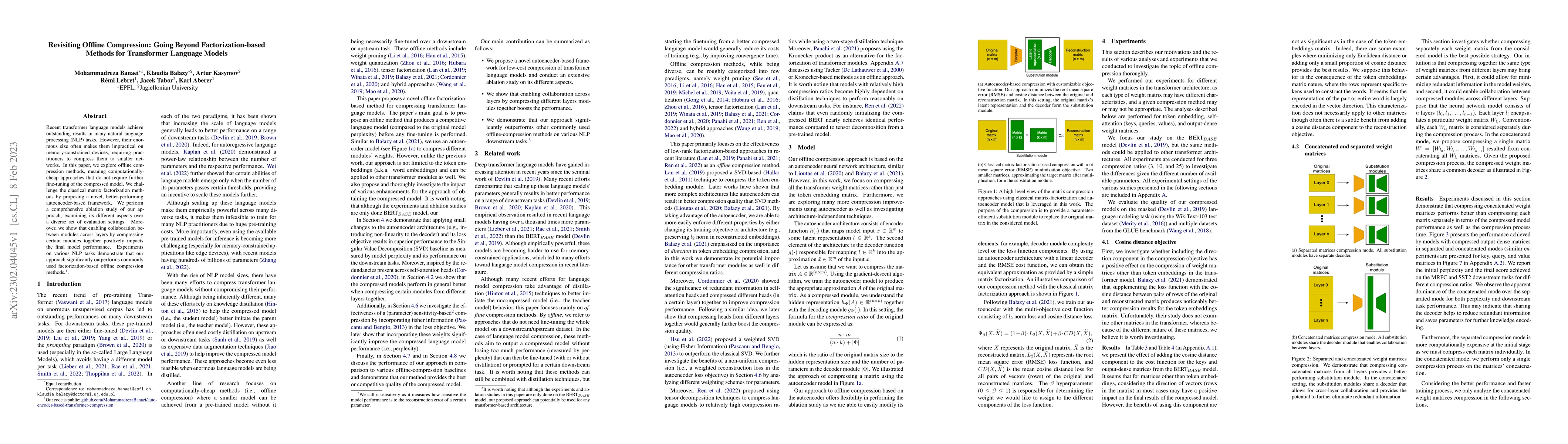 Thumbnail for Revisiting Offline Compression: Going Beyond Factorization-based Methods
  for Transformer Language Models