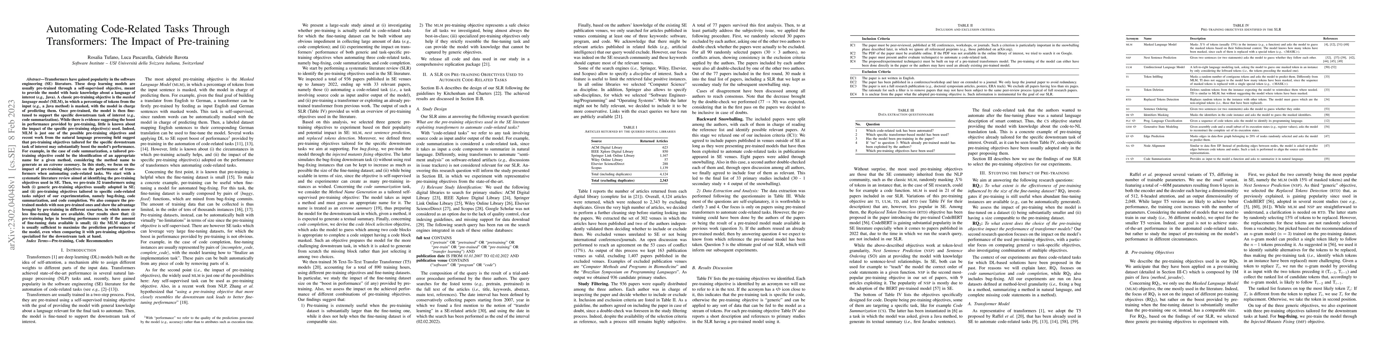 Thumbnail for Automating Code-Related Tasks Through Transformers: The Impact of
  Pre-training