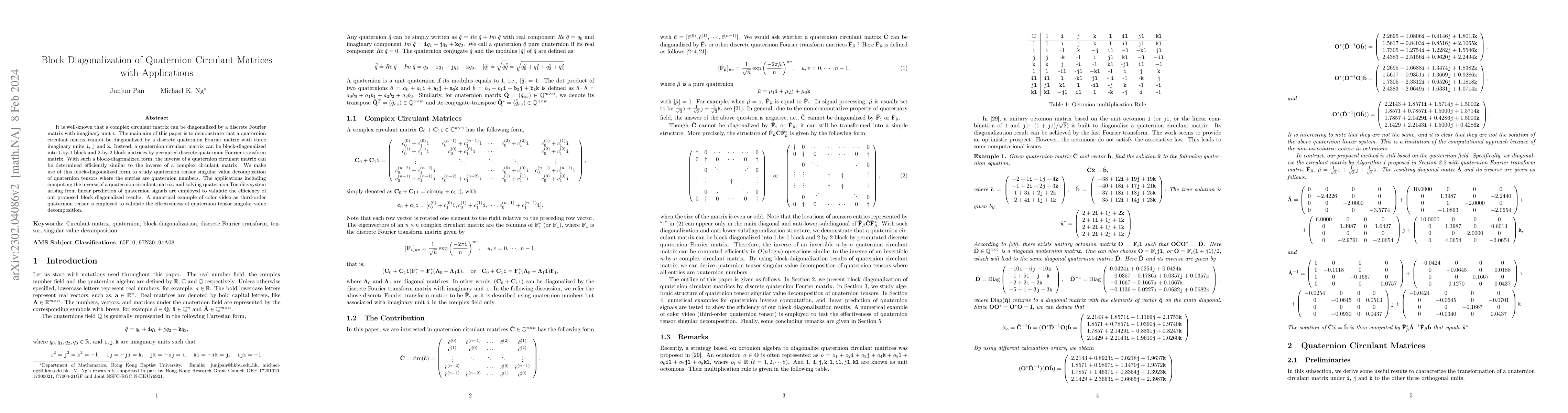 Thumbnail for Block Diagonalization of Quaternion Circulant Matrices with Applications