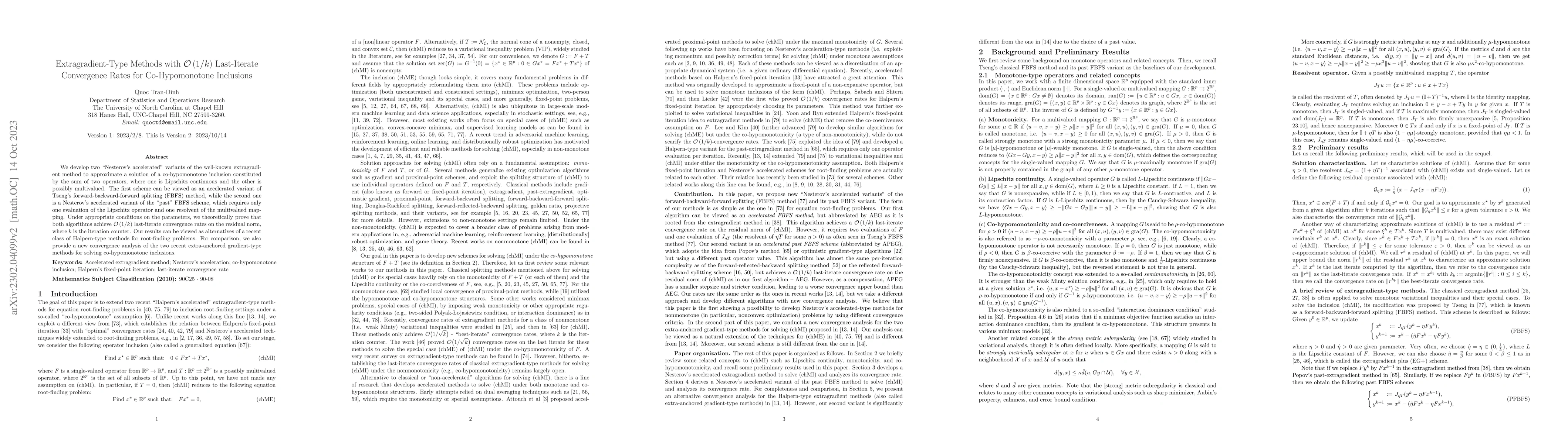 Thumbnail for Extragradient-Type Methods with $\mathcal{O} (1/k)$ Last-Iterate
  Convergence Rates for Co-Hypomonotone Inclusions