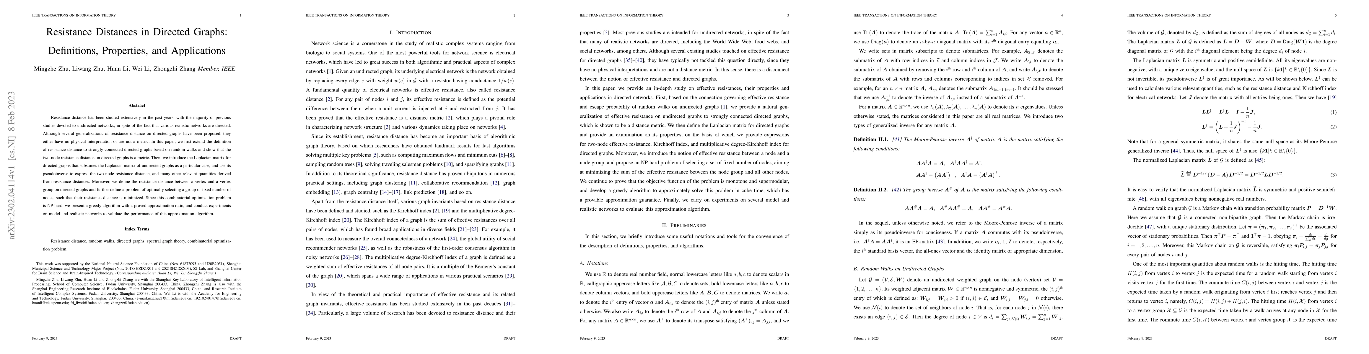 Thumbnail for Resistance Distances in Directed Graphs: Definitions, Properties, and
  Applications