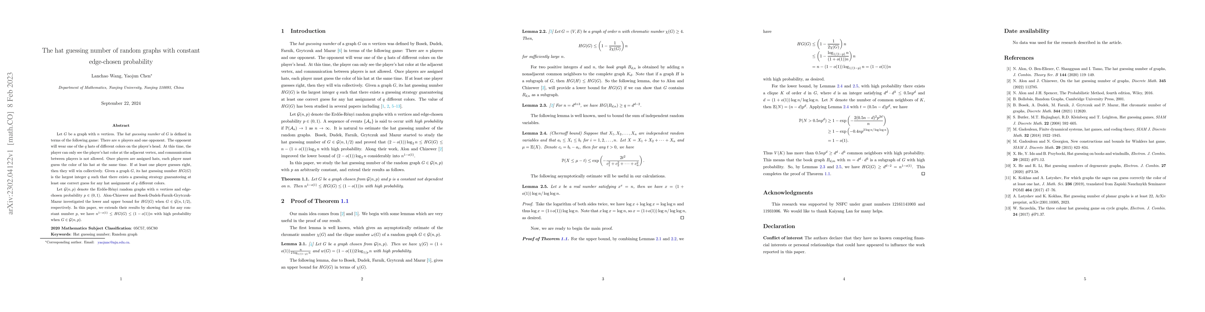 Thumbnail for The hat guessing number of random graphs with constant edge-chosen
  probability