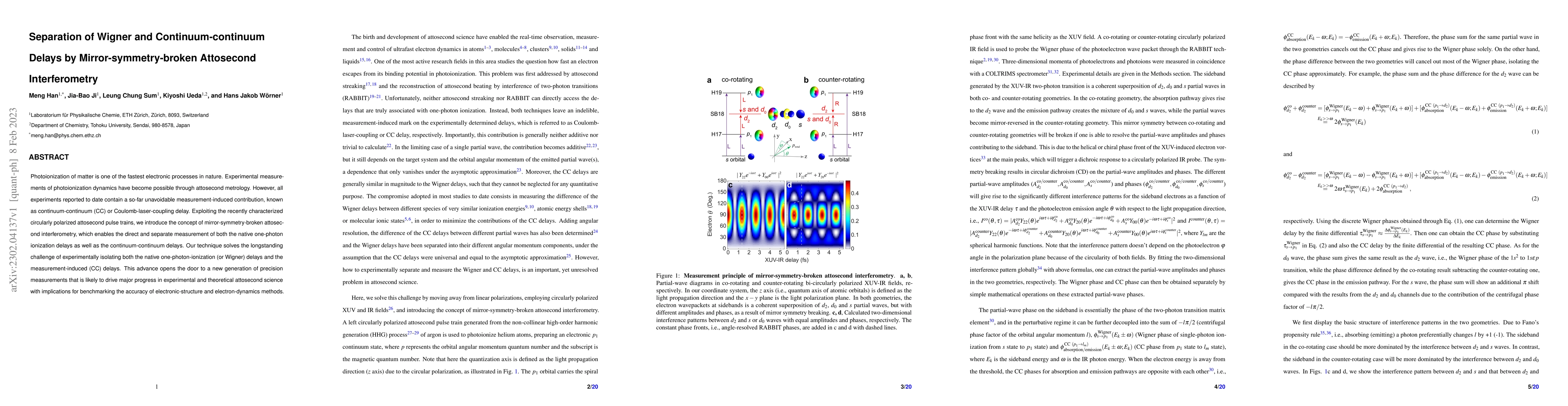 Thumbnail for Separation of Wigner and Continuum-continuum Delays by
  Mirror-symmetry-broken Attosecond Interferometry