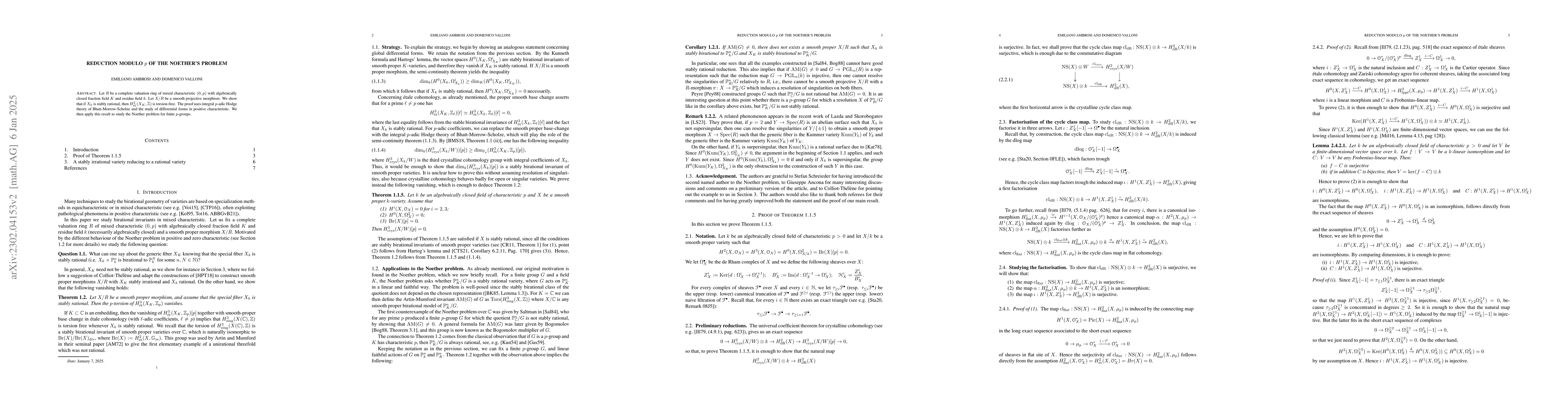 Thumbnail for Reduction modulo $p$ of the Noether problem