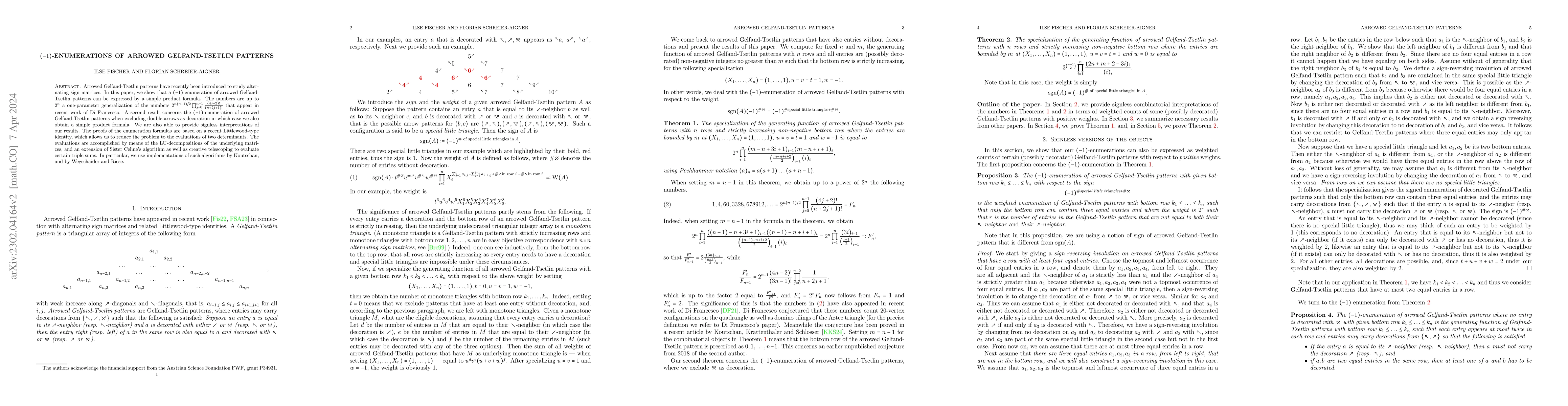 Thumbnail for (-1)-Enumerations of arrowed Gelfand-Tsetlin patterns