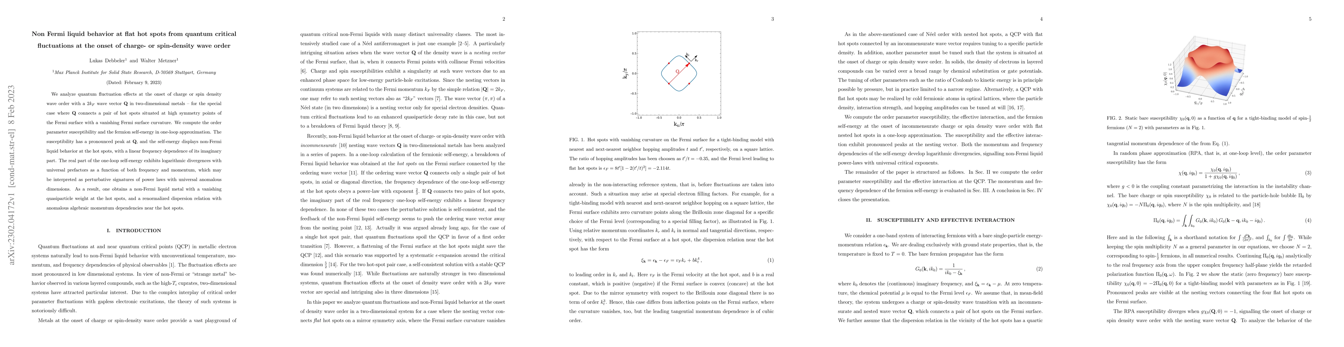Thumbnail for Non Fermi liquid behavior at flat hot spots from quantum critical
  fluctuations at the onset of charge- or spin-density wave order