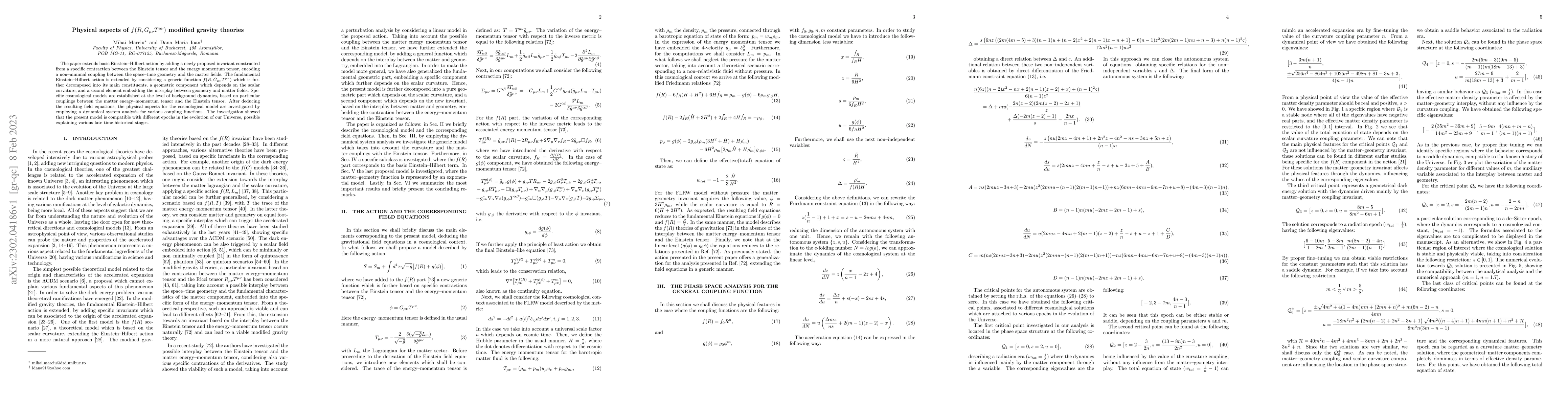 Thumbnail for Physical aspects of ${f}(R,G_{\mu \nu}T^{\mu \nu})$ modified gravity
  theories