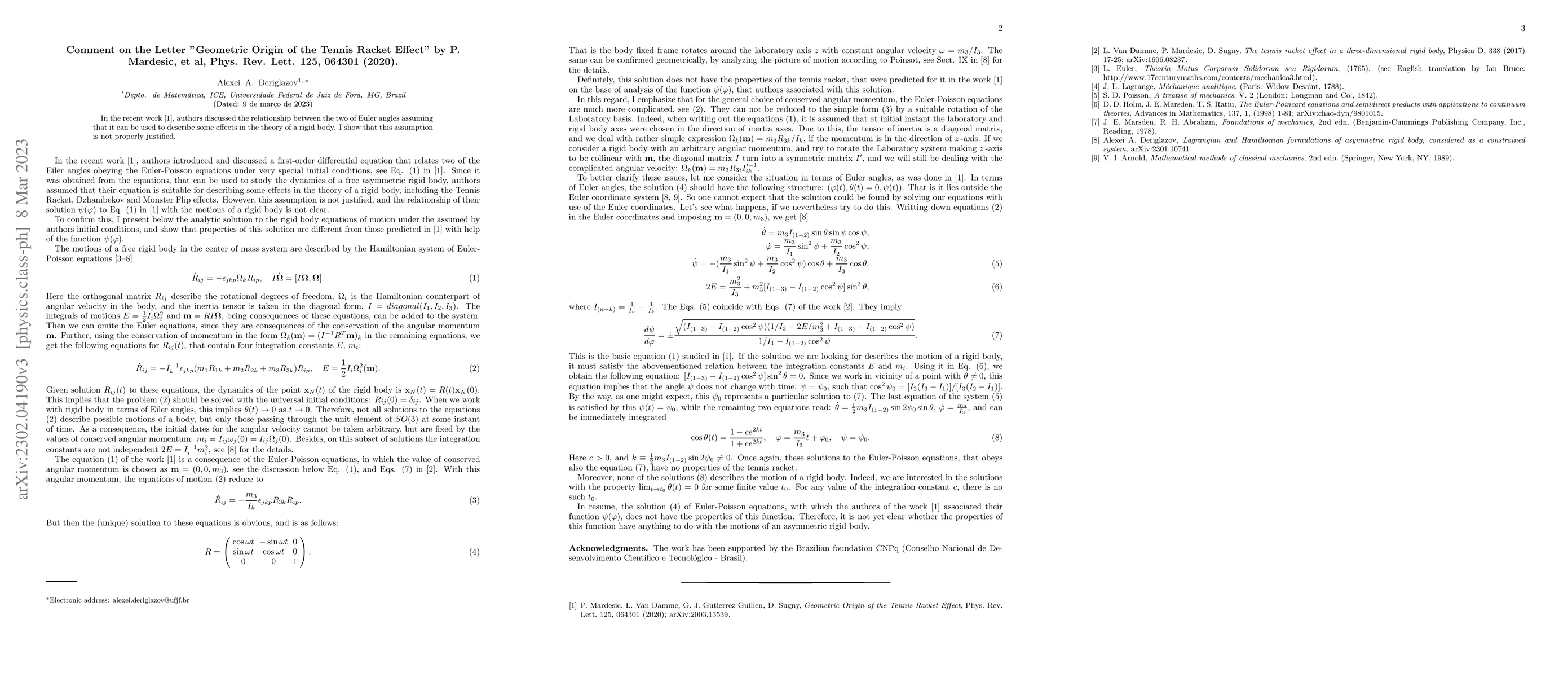 Thumbnail for Comment on the Letter "Geometric Origin of the Tennis Racket Effect'' by
  P. Mardesic, et al, Phys. Rev. Lett. 125, 064301 (2020)