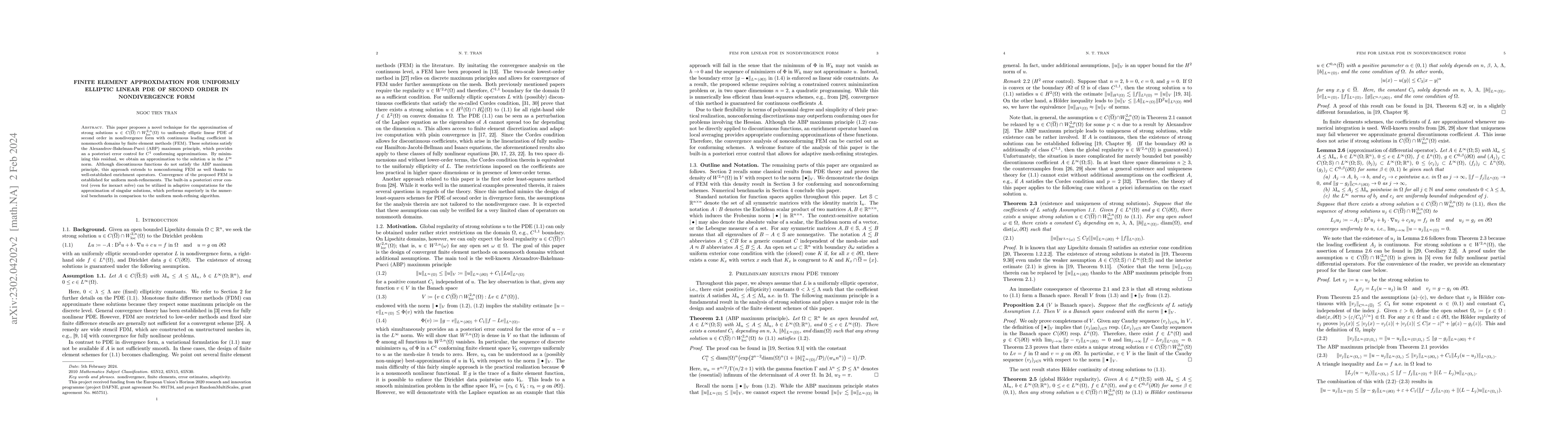 Thumbnail for Finite element approximation for uniformly elliptic linear PDE of second
  order in nondivergence form