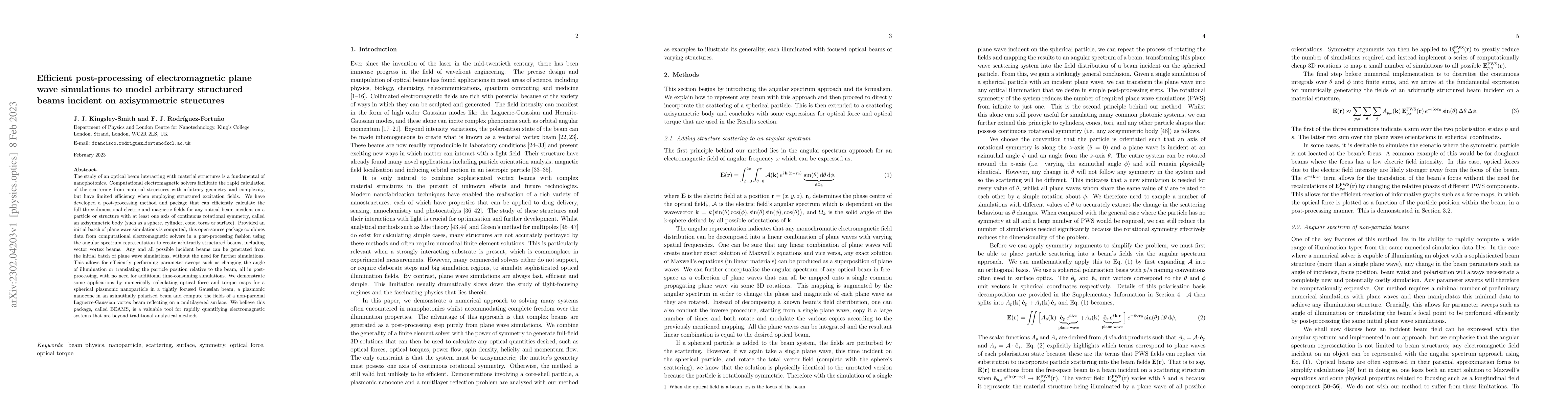Thumbnail for Efficient post-processing of electromagnetic plane wave simulations to
  model arbitrary structured beams incident on axisymmetric structures