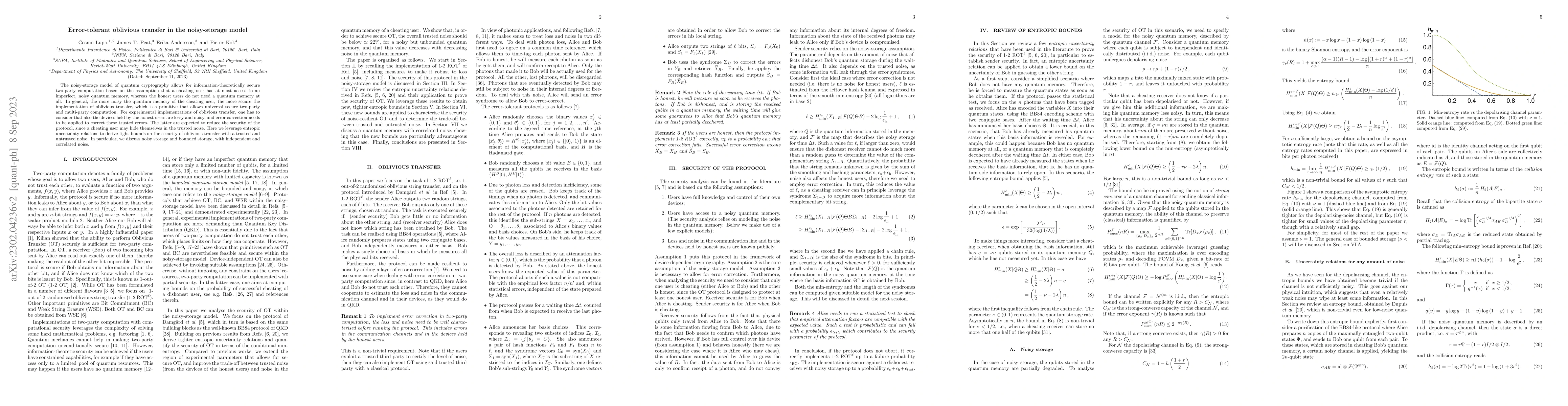 Thumbnail for Error-tolerant oblivious transfer in the noisy-storage model