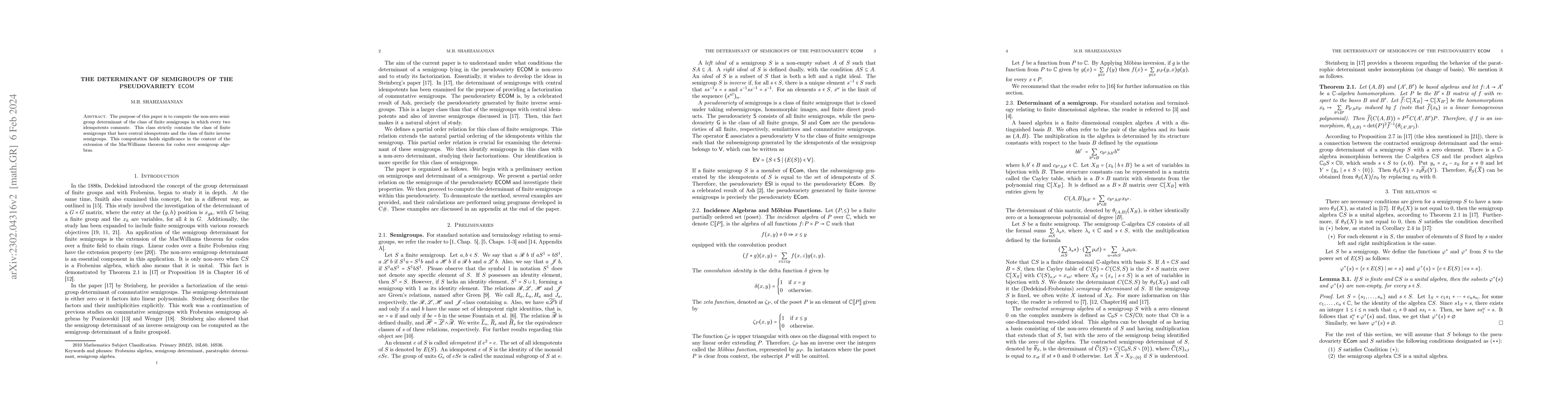 Thumbnail for The determinant of finite semigroups of the pseudovariety ECOM