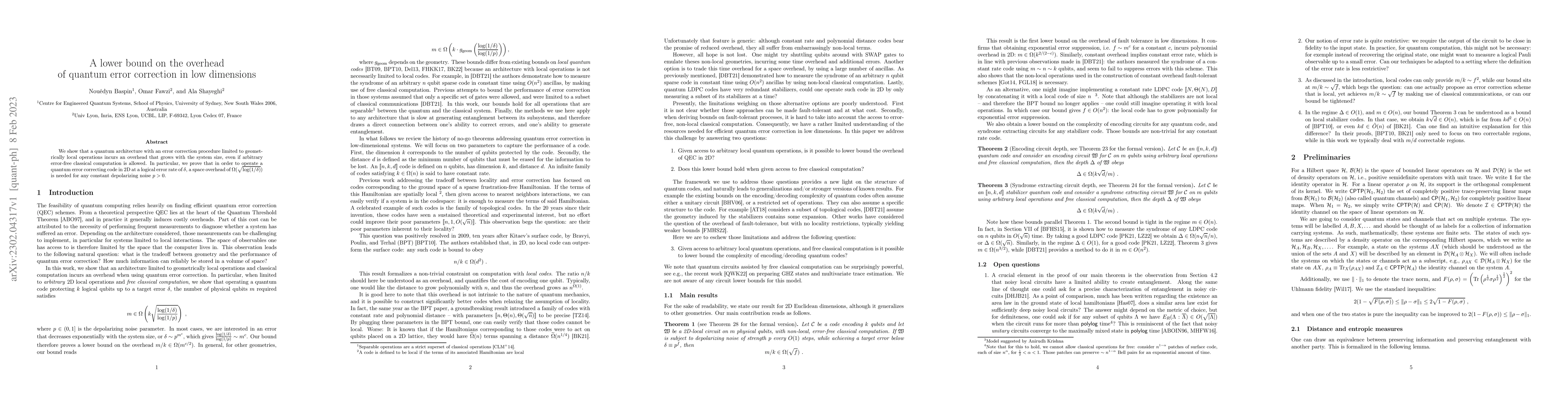 Thumbnail for A lower bound on the overhead of quantum error correction in low
  dimensions