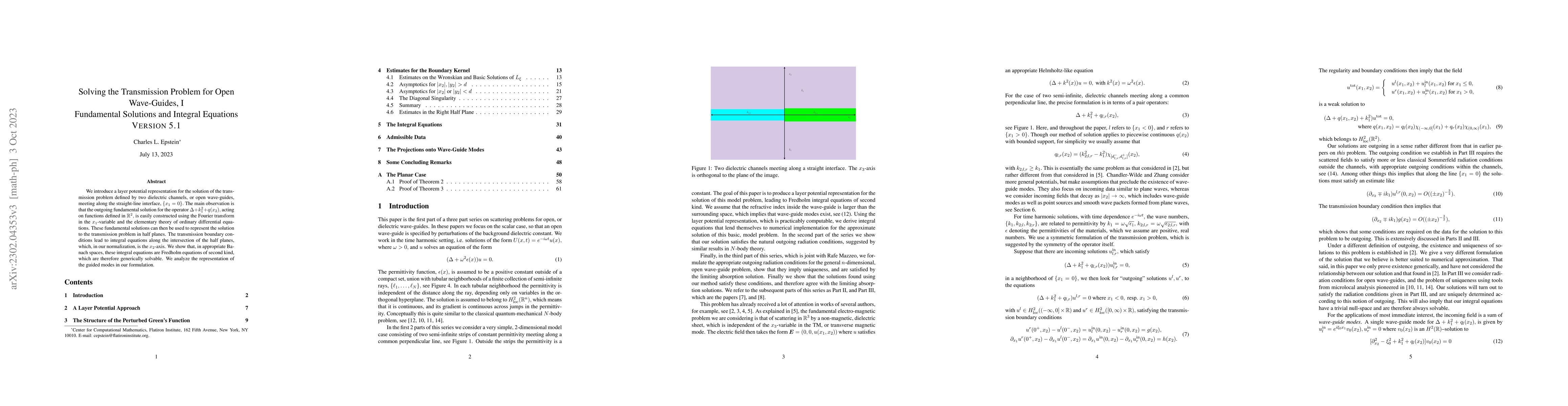 Thumbnail for Solving the Transmission Problem for Open Wave-Guides, I Fundamental
  Solutions and Integral Equations