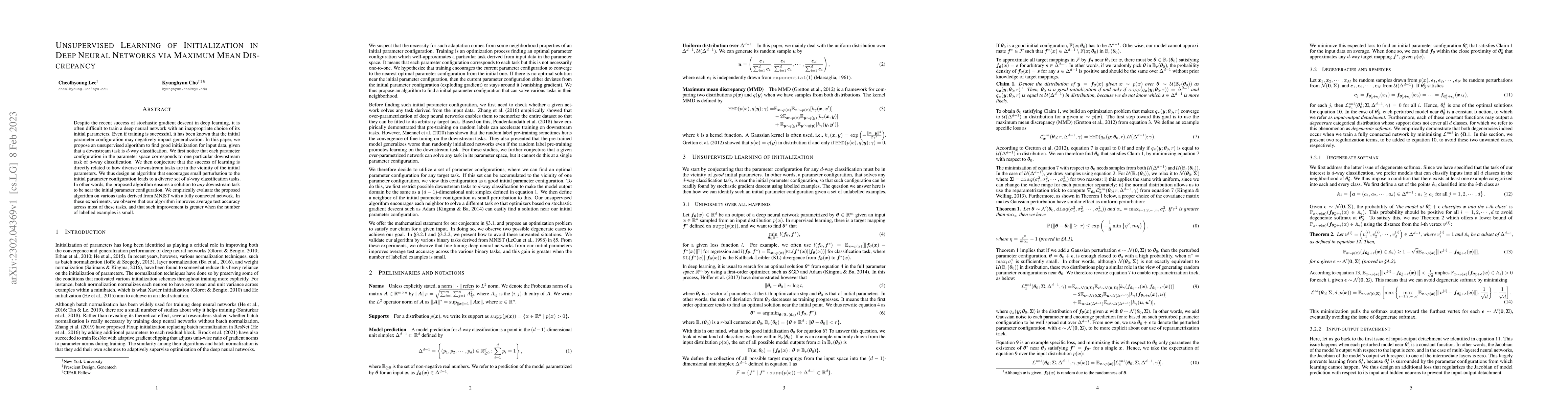Thumbnail for Unsupervised Learning of Initialization in Deep Neural Networks via
  Maximum Mean Discrepancy