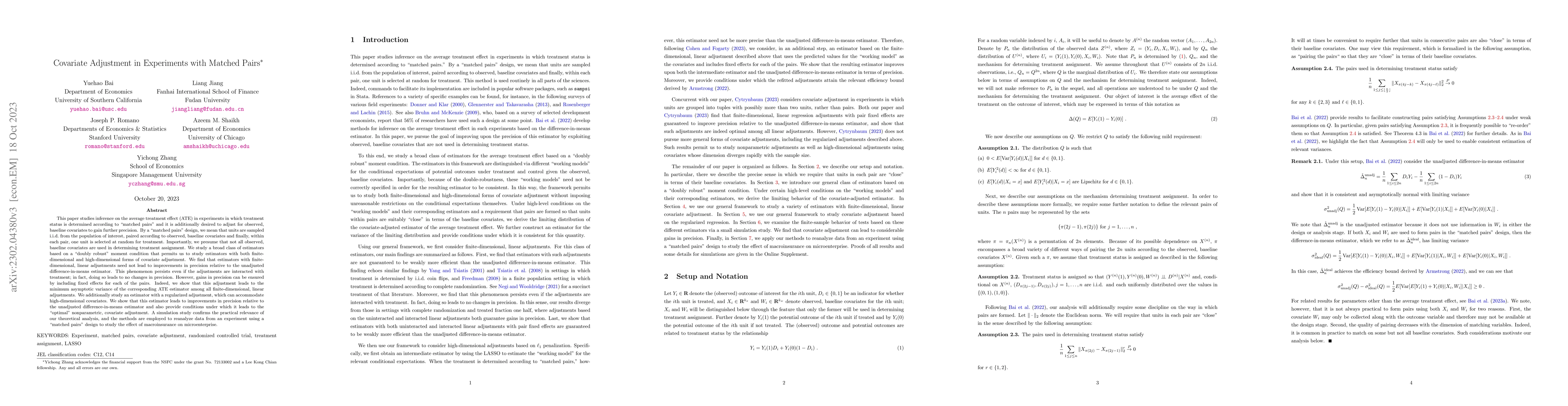 Thumbnail for Covariate Adjustment in Experiments with Matched Pairs