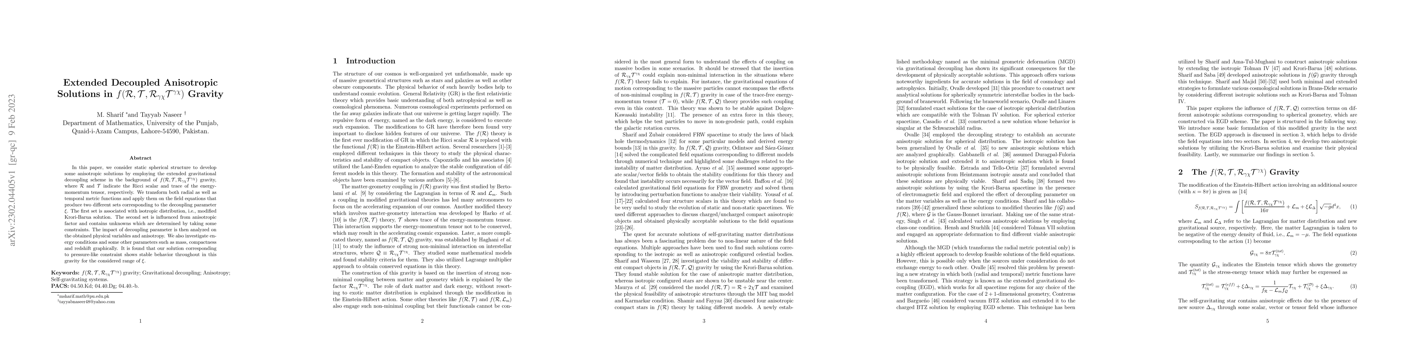 Thumbnail for Extended Decoupled Anisotropic Solutions in
  $f(\mathcal{R},\mathcal{T},\mathcal{R}_{\gamma\chi}\mathcal{T}^{\gamma\chi})$
  Gravity