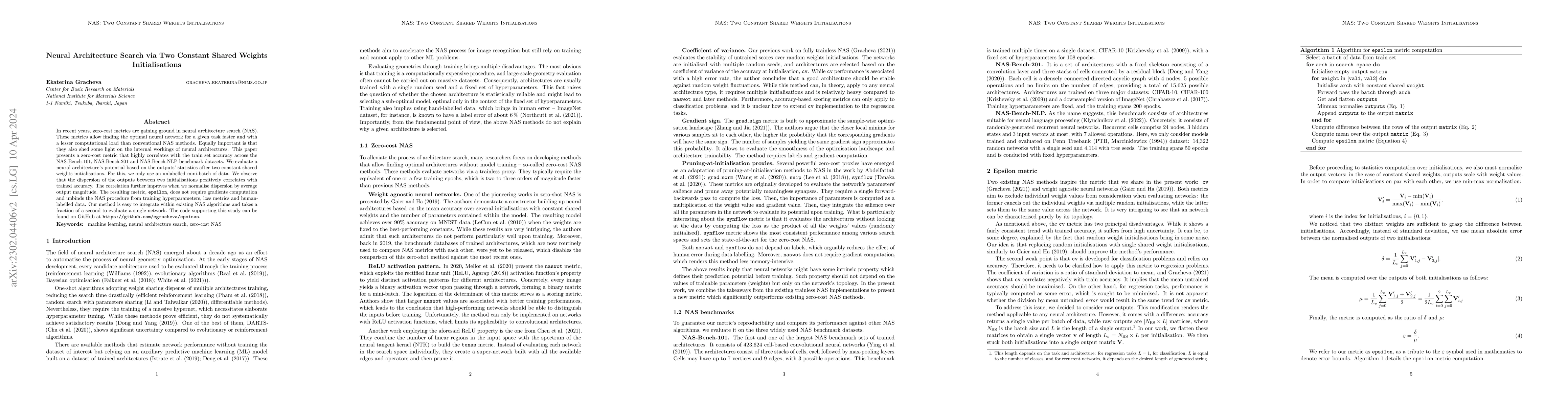 Thumbnail for Neural Architecture Search via Two Constant Shared Weights
  Initialisations
