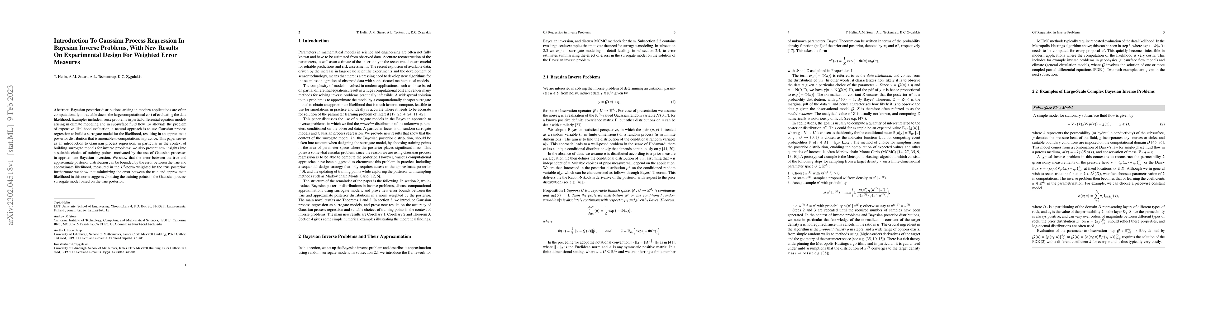 Thumbnail for Introduction To Gaussian Process Regression In Bayesian Inverse
  Problems, With New ResultsOn Experimental Design For Weighted Error Measures