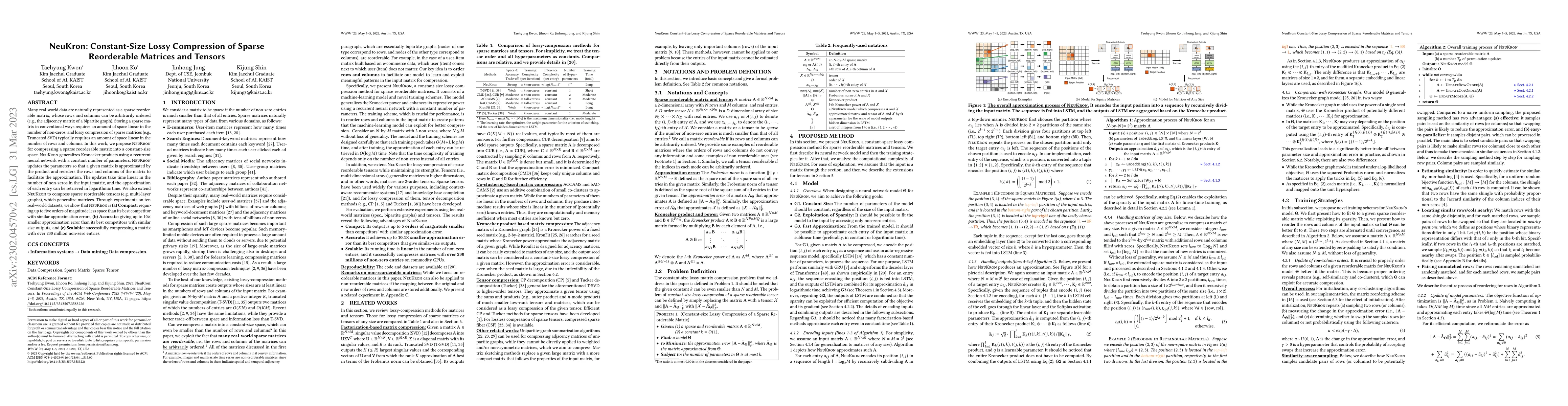 Thumbnail for NeuKron: Constant-Size Lossy Compression of Sparse Reorderable Matrices
  and Tensors