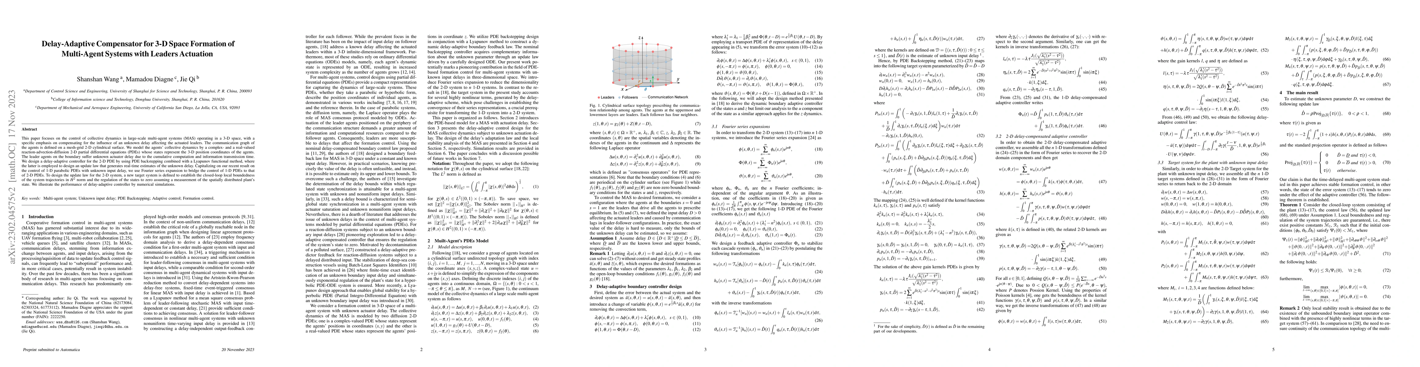 Thumbnail for Delay-Adaptive Compensator for 3-D Space Formation of Multi-Agent
  Systems with Leaders Actuation