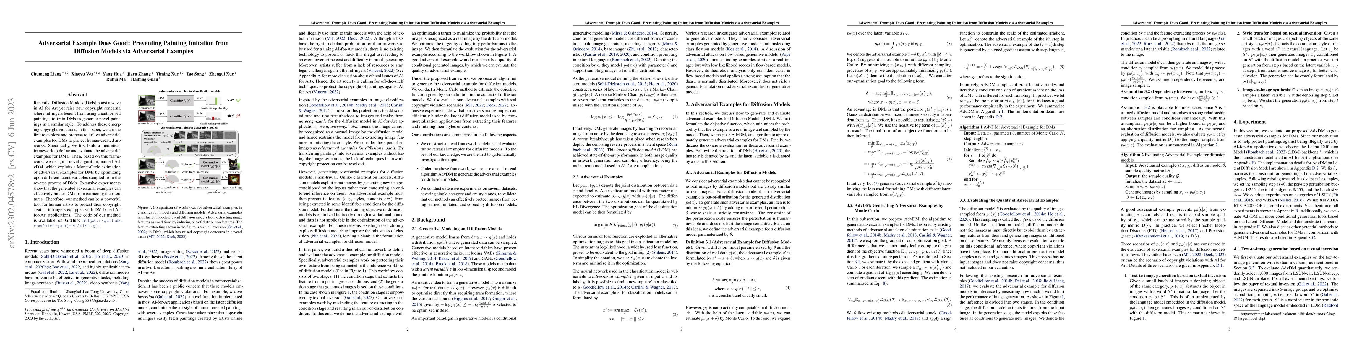Thumbnail for Adversarial Example Does Good: Preventing Painting Imitation from
  Diffusion Models via Adversarial Examples