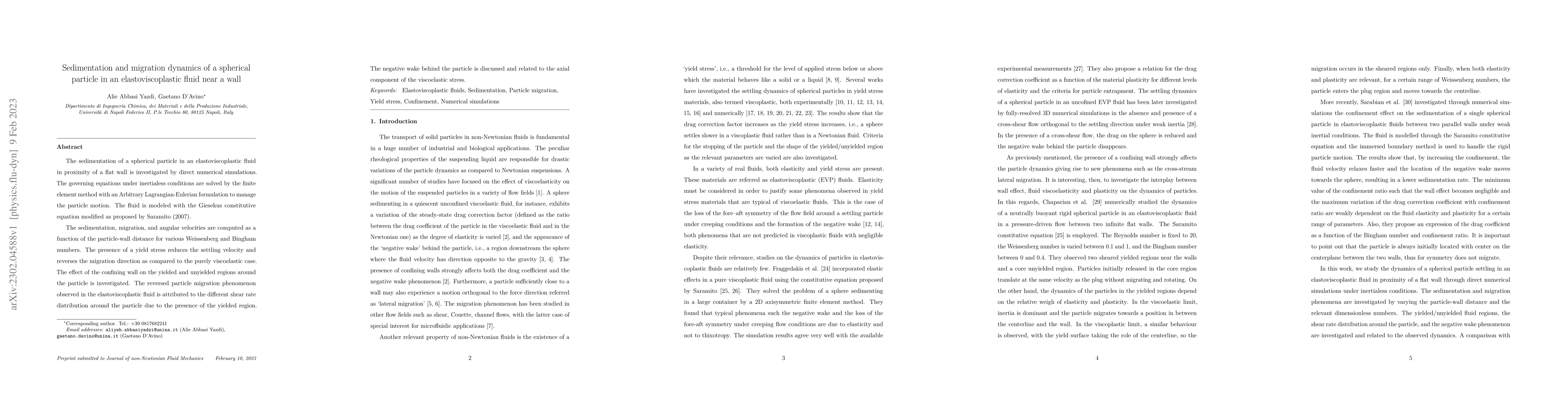 Thumbnail for Sedimentation and migration dynamics of a spherical particle in an
  elastoviscoplastic fluid near a wall