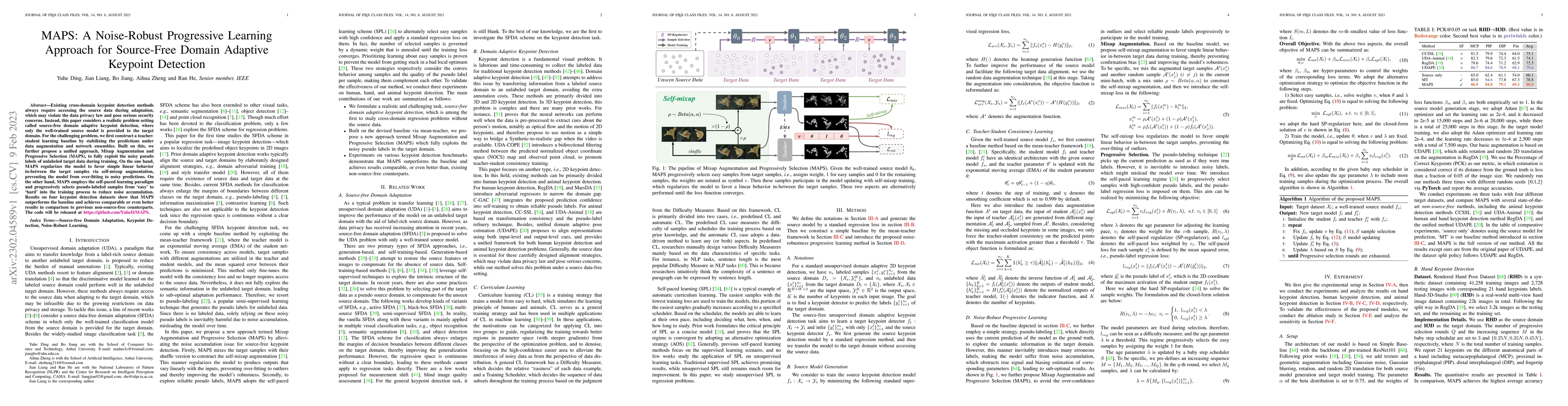 Thumbnail for MAPS: A Noise-Robust Progressive Learning Approach for Source-Free
  Domain Adaptive Keypoint Detection